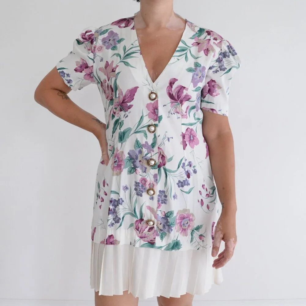 Vintage VIP Petites White w Purple Floral Button Drop Waist Swing Dress 4